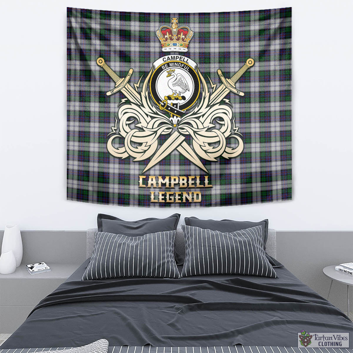 Tartan Vibes Clothing Campbell of Cawdor Dress Tartan Tapestry with Clan Crest and the Golden Sword of Courageous Legacy