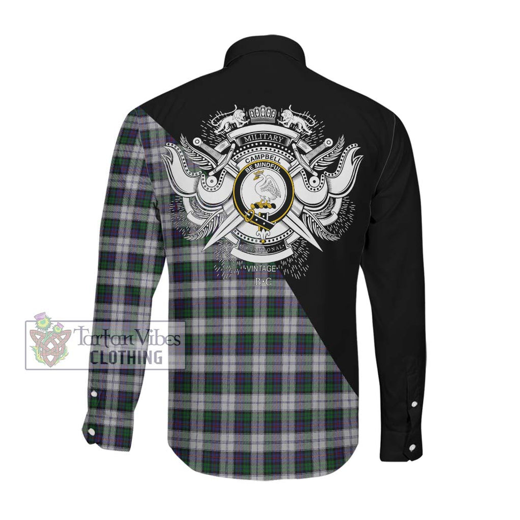 Campbell of Cawdor Dress Tartan Long Sleeve Button Shirt with Family Crest and Military Logo Style Men's Shirt - Tartanvibesclothing Shop