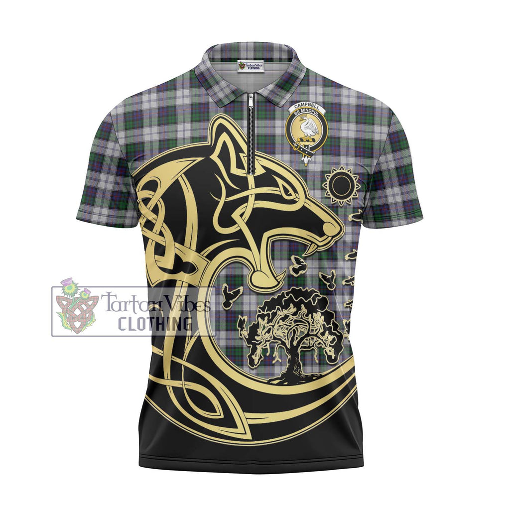 Campbell of Cawdor Dress Tartan Zipper Polo Shirt with Family Crest Celtic Wolf Style - Tartanvibesclothing Shop