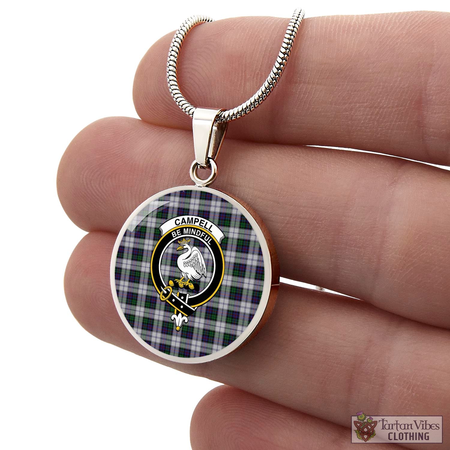 Tartan Vibes Clothing Campbell of Cawdor Dress Tartan Circle Necklace with Family Crest