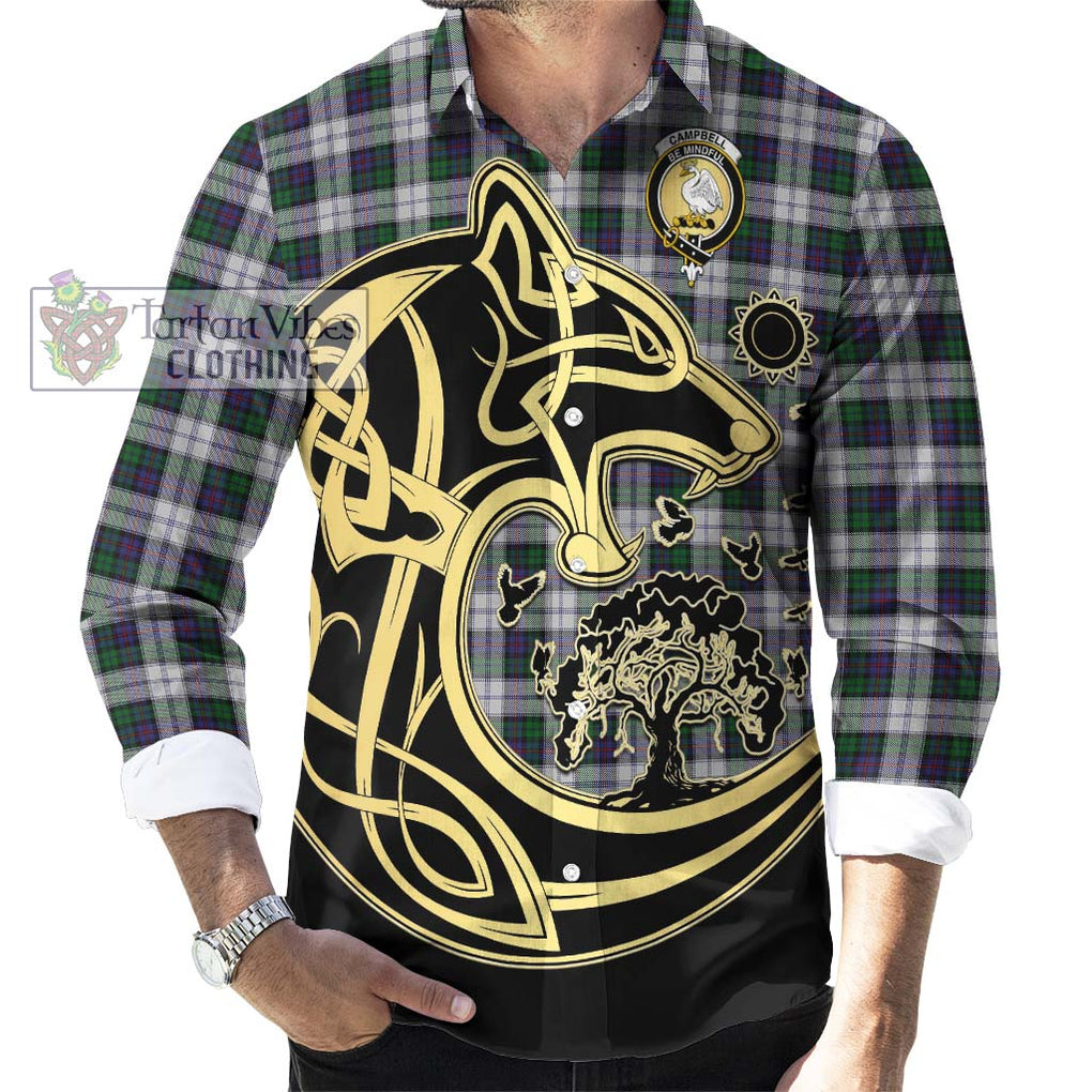 Campbell of Cawdor Dress Tartan Long Sleeve Button Shirt with Family Crest Celtic Wolf Style - Tartan Vibes Clothing