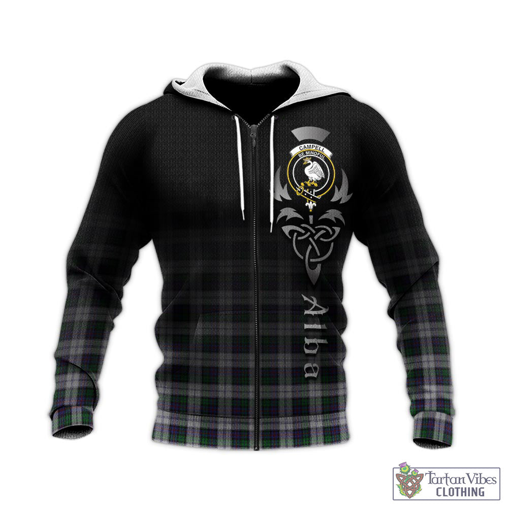 Tartan Vibes Clothing Campbell of Cawdor Dress Tartan Knitted Hoodie Featuring Alba Gu Brath Family Crest Celtic Inspired