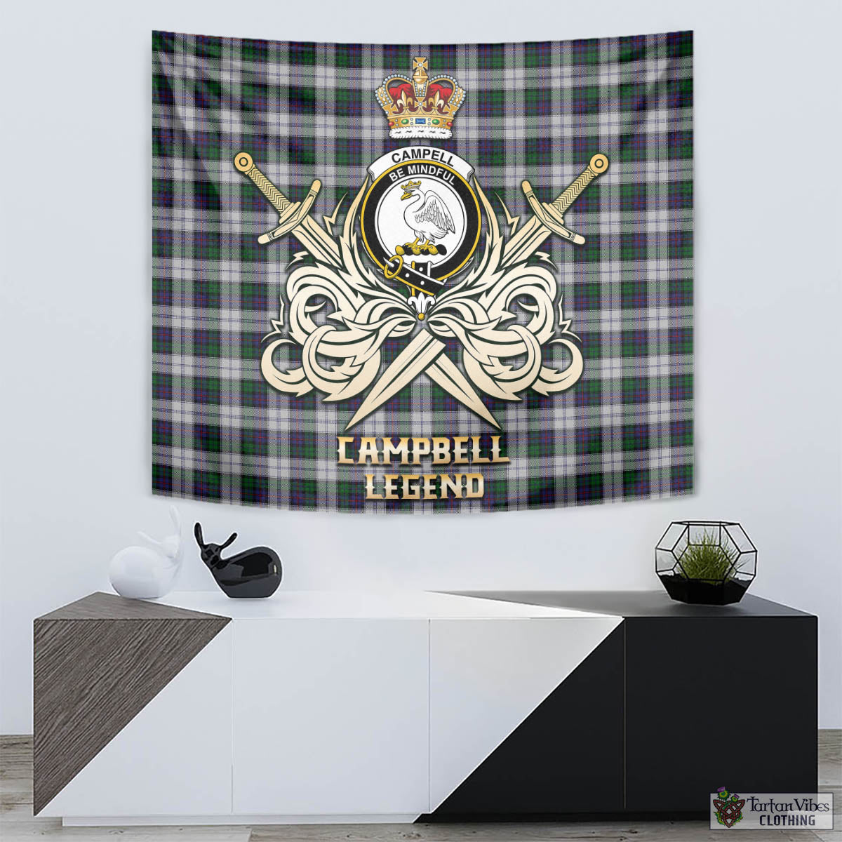 Tartan Vibes Clothing Campbell of Cawdor Dress Tartan Tapestry with Clan Crest and the Golden Sword of Courageous Legacy