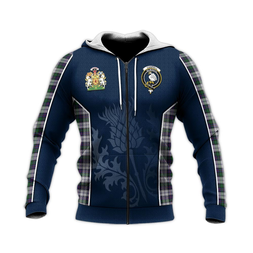 Tartan Vibes Clothing Campbell of Cawdor Dress Tartan Knitted Hoodie with Family Crest and Scottish Thistle Vibes Sport Style