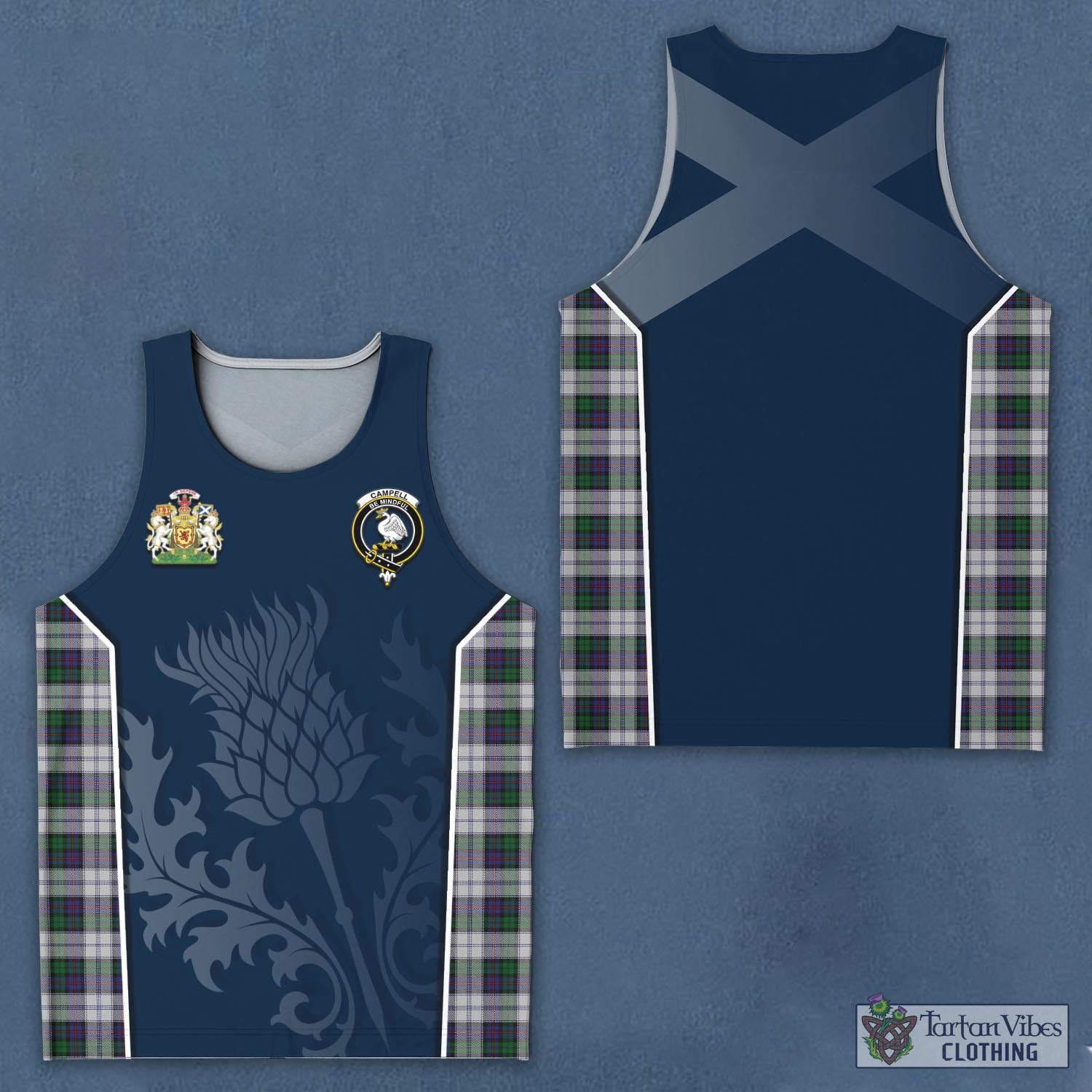 Tartan Vibes Clothing Campbell of Cawdor Dress Tartan Men's Tanks Top with Family Crest and Scottish Thistle Vibes Sport Style