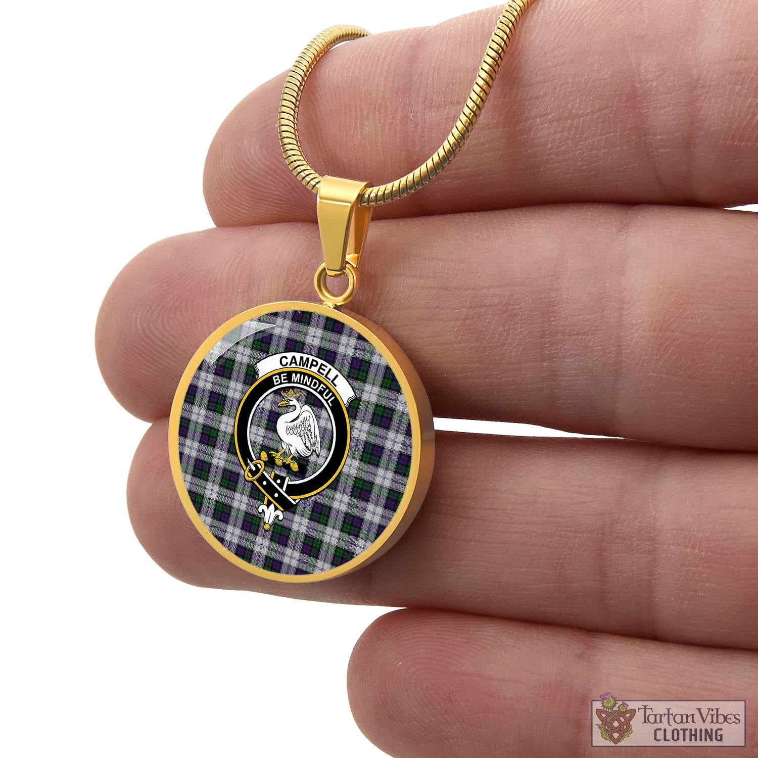 Tartan Vibes Clothing Campbell of Cawdor Dress Tartan Circle Necklace with Family Crest