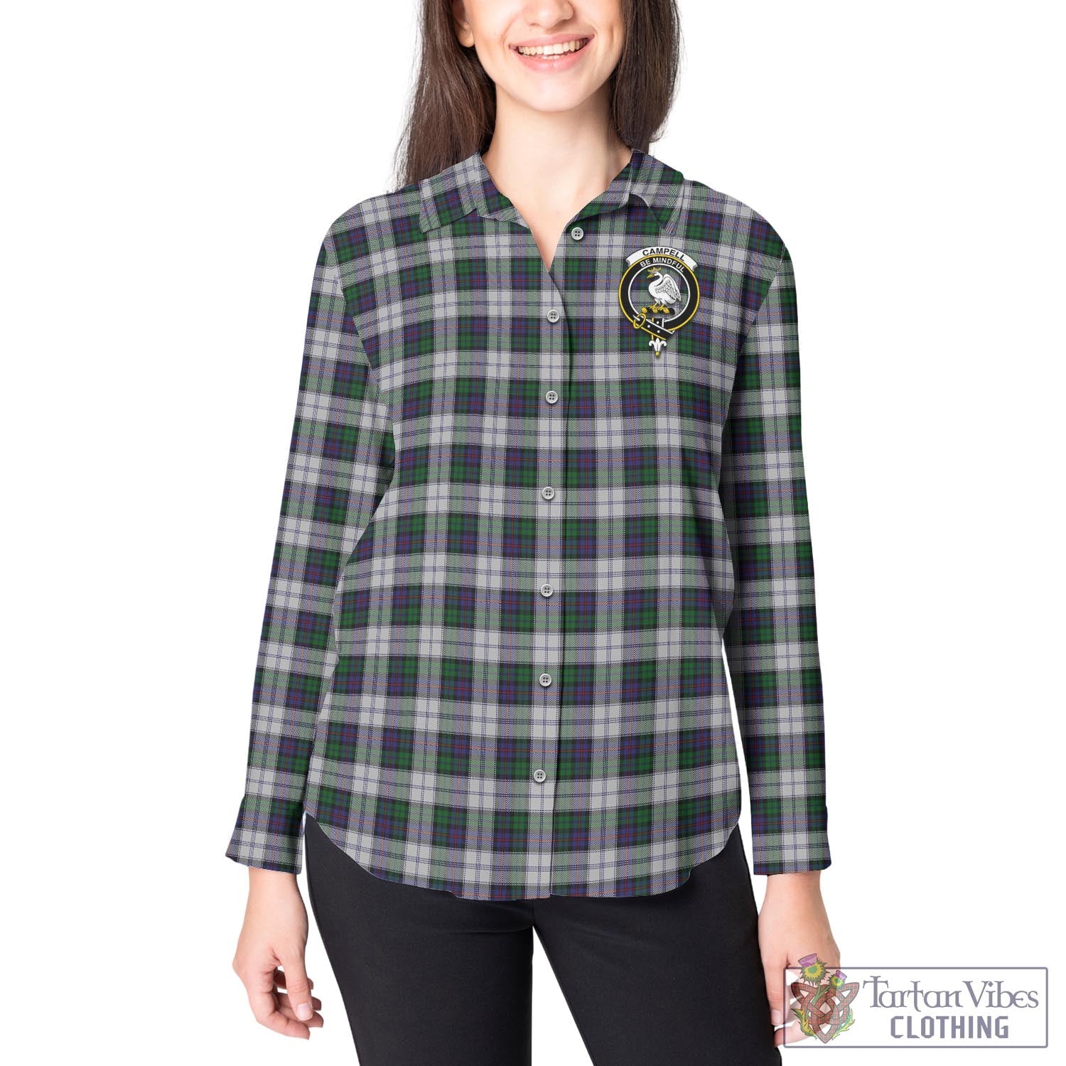 Tartan Vibes Clothing Campbell of Cawdor Dress Tartan Womens Casual Shirt with Family Crest