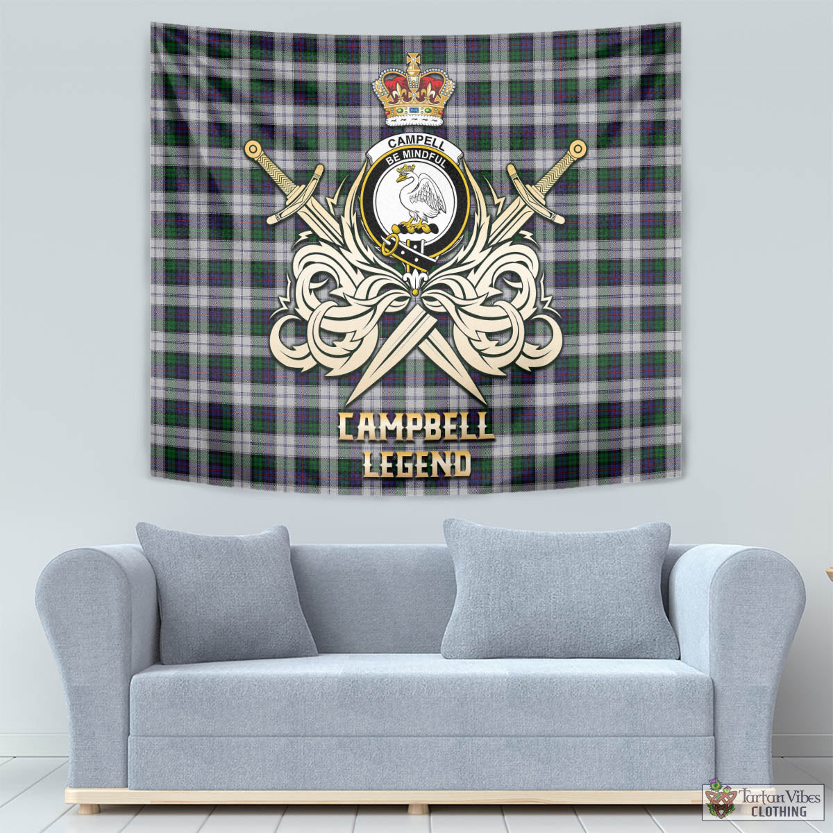 Tartan Vibes Clothing Campbell of Cawdor Dress Tartan Tapestry with Clan Crest and the Golden Sword of Courageous Legacy