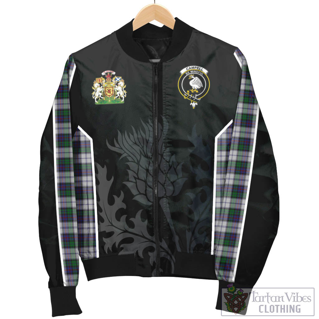 Tartan Vibes Clothing Campbell of Cawdor Dress Tartan Bomber Jacket with Family Crest and Scottish Thistle Vibes Sport Style