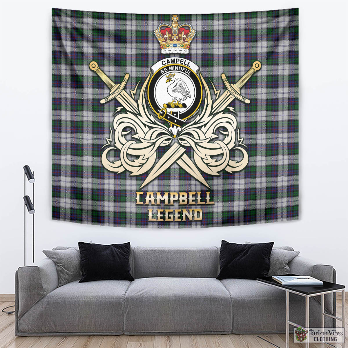 Tartan Vibes Clothing Campbell of Cawdor Dress Tartan Tapestry with Clan Crest and the Golden Sword of Courageous Legacy