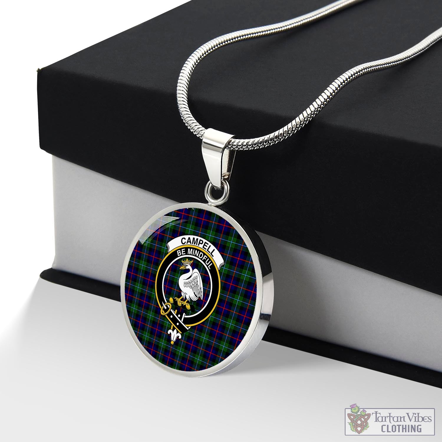 Tartan Vibes Clothing Campbell of Cawdor Modern Tartan Circle Necklace with Family Crest