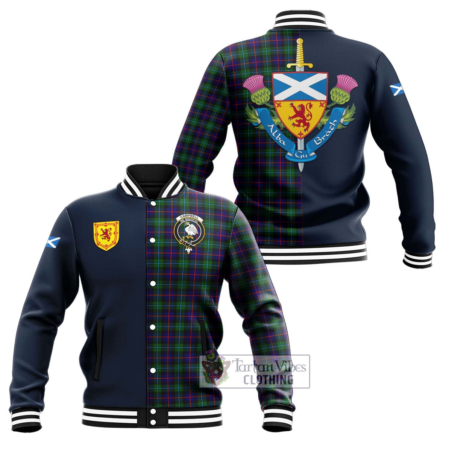 Tartan Vibes Clothing Campbell of Cawdor Modern Tartan Baseball Jacket with Scottish Lion Royal Arm Half Style