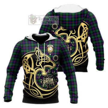 Campbell of Cawdor Modern Tartan Knitted Hoodie with Family Crest Celtic Wolf Style