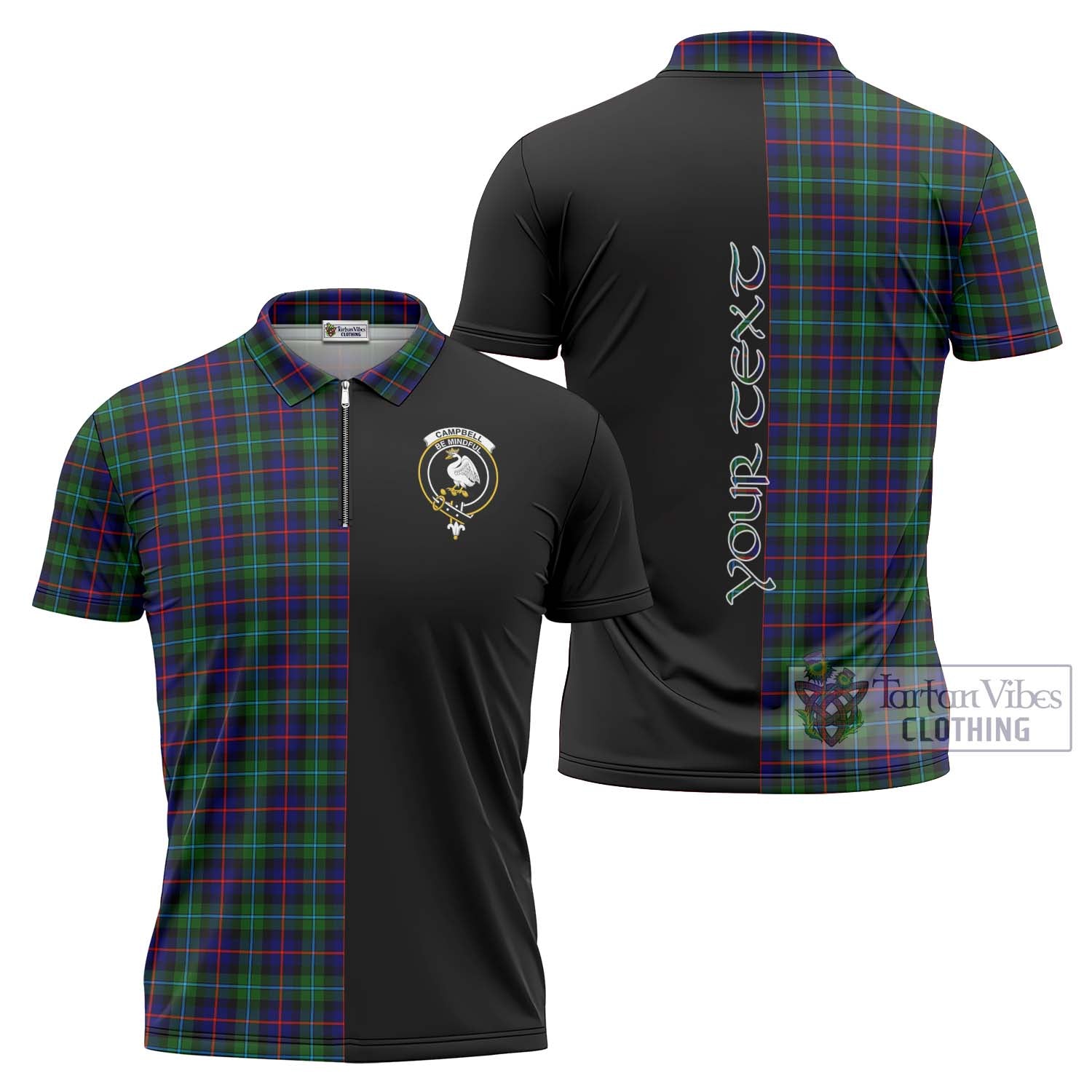 Tartan Vibes Clothing Campbell of Cawdor Modern Tartan Zipper Polo Shirt with Family Crest and Half Of Me Style