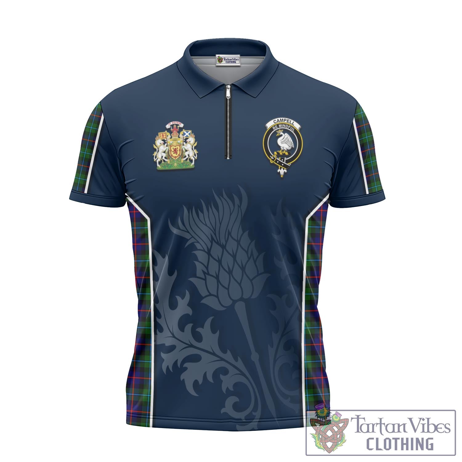 Tartan Vibes Clothing Campbell of Cawdor Modern Tartan Zipper Polo Shirt with Family Crest and Scottish Thistle Vibes Sport Style