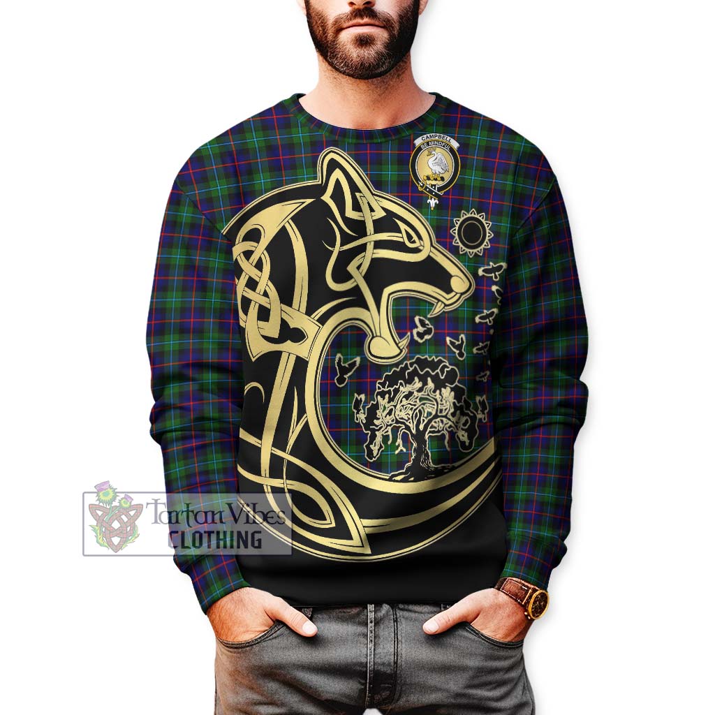 Tartan Vibes Clothing Campbell of Cawdor Modern Tartan Sweatshirt with Family Crest Celtic Wolf Style