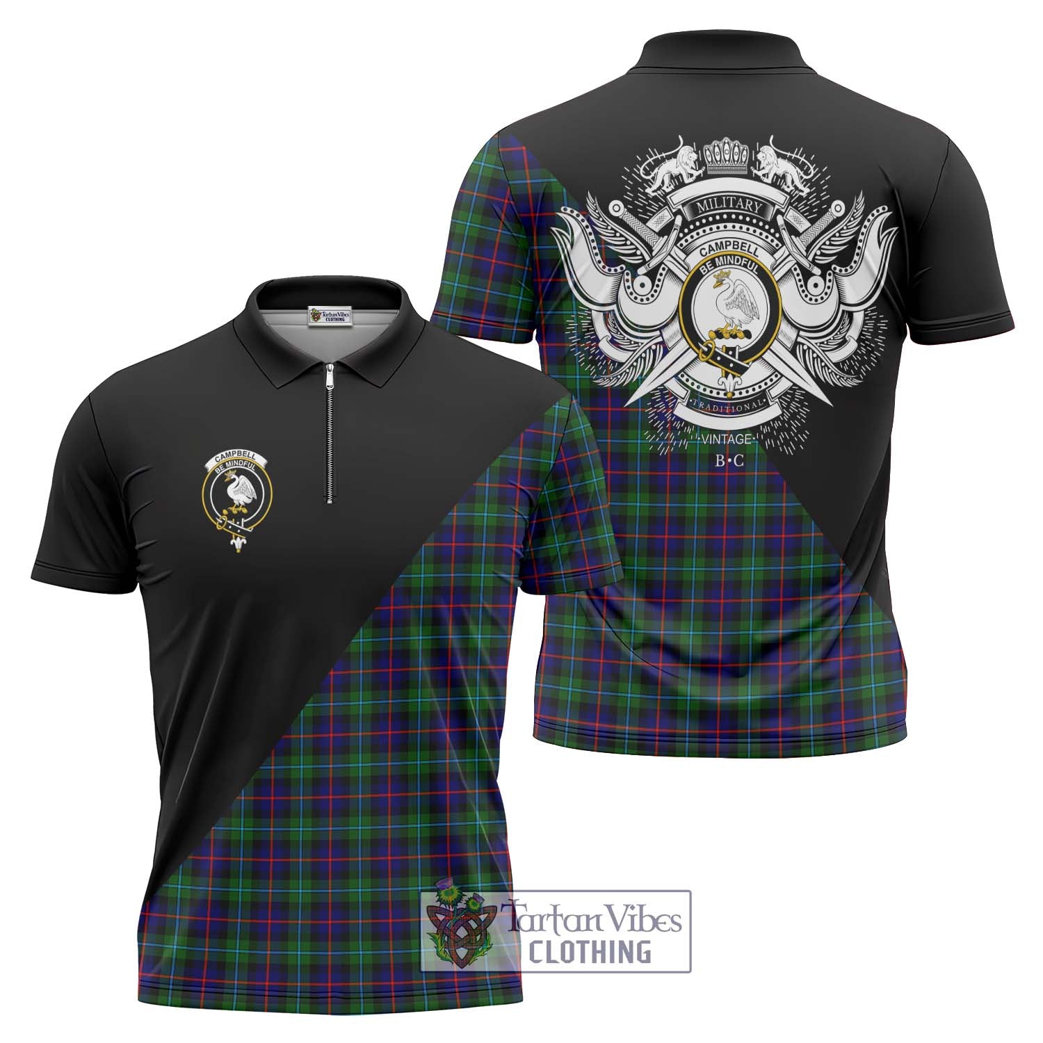 Tartan Vibes Clothing Campbell of Cawdor Modern Tartan Zipper Polo Shirt with Family Crest and Military Logo Style