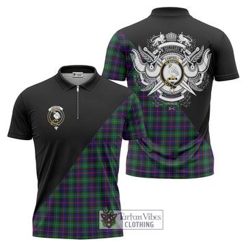 Campbell of Cawdor Modern Tartan Zipper Polo Shirt with Family Crest and Military Logo Style