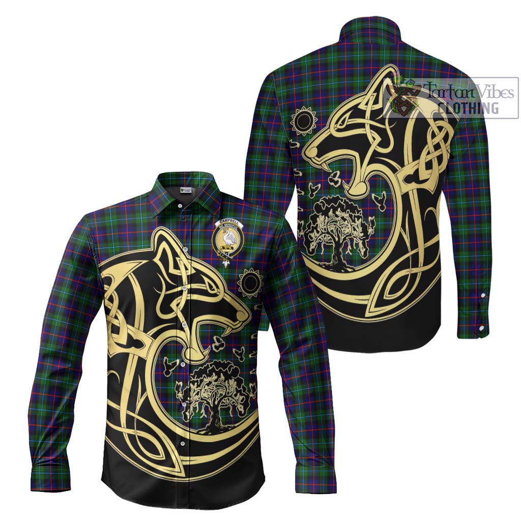 Tartan Vibes Clothing Campbell of Cawdor Modern Tartan Long Sleeve Button Shirt with Family Crest Celtic Wolf Style