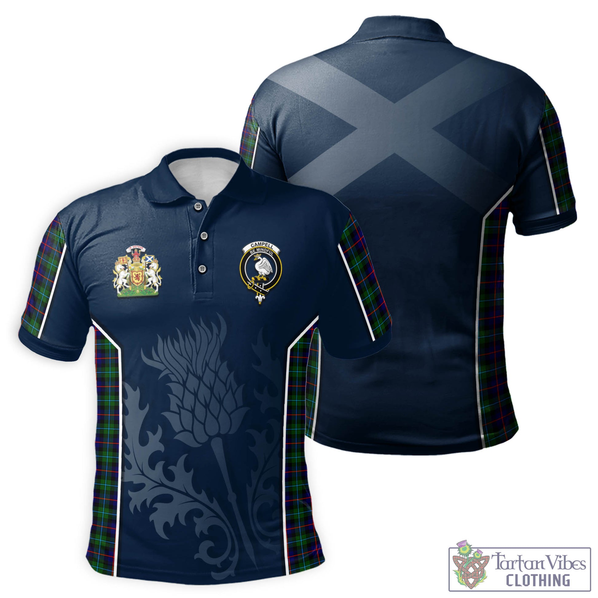 Tartan Vibes Clothing Campbell of Cawdor Modern Tartan Men's Polo Shirt with Family Crest and Scottish Thistle Vibes Sport Style