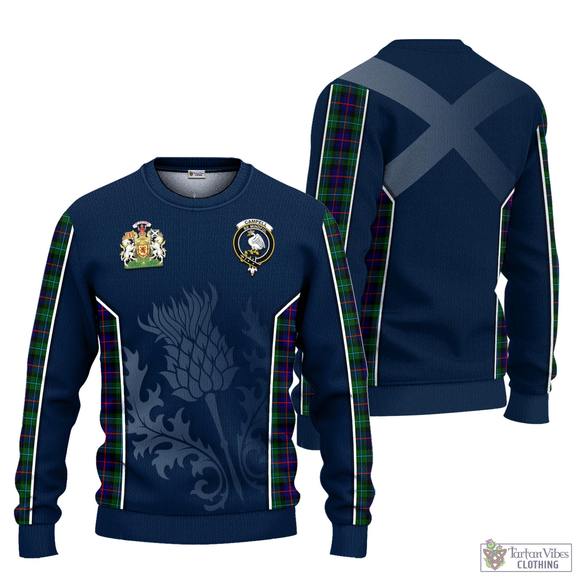 Tartan Vibes Clothing Campbell of Cawdor Modern Tartan Knitted Sweatshirt with Family Crest and Scottish Thistle Vibes Sport Style