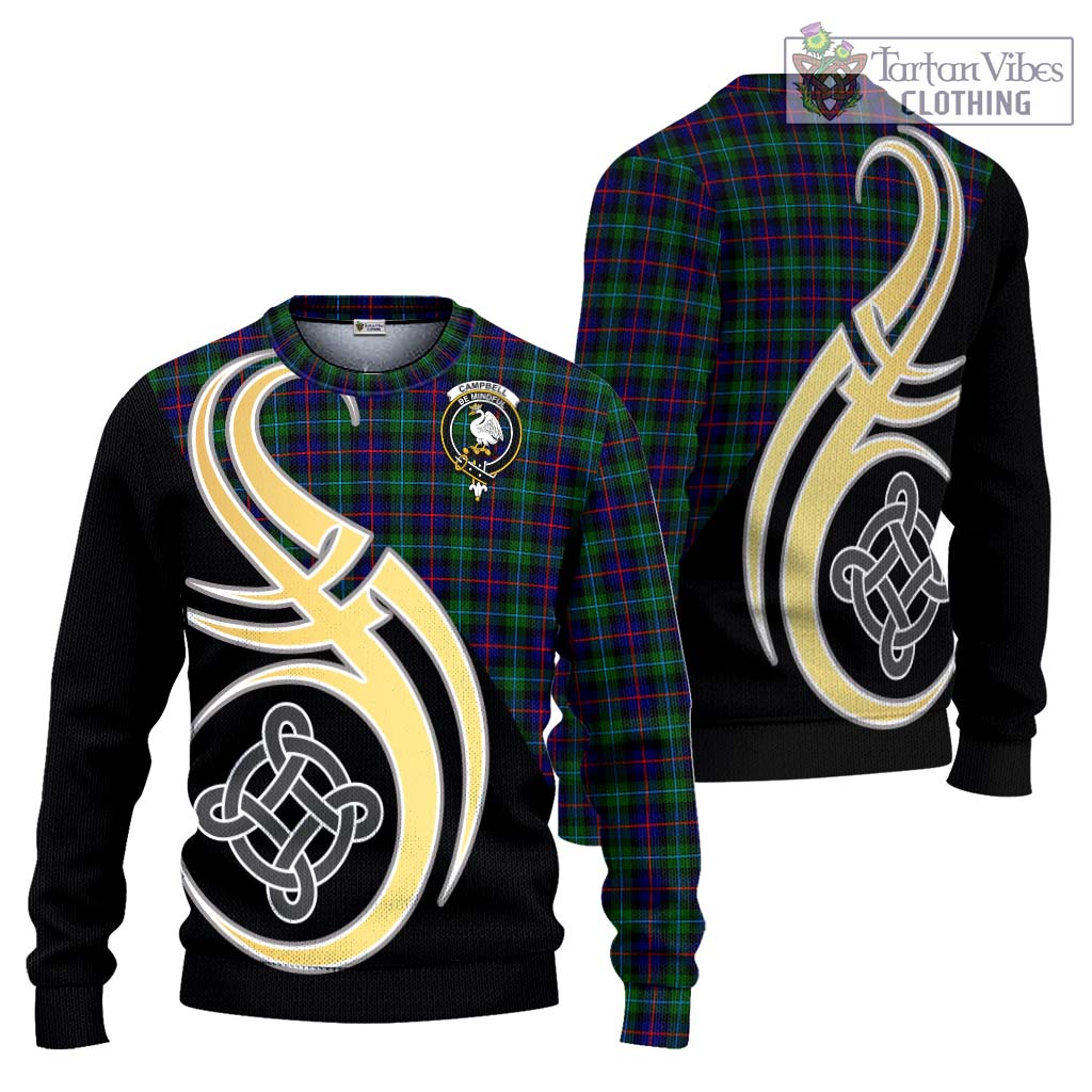 Tartan Vibes Clothing Campbell of Cawdor Modern Tartan Knitted Sweater with Family Crest and Celtic Symbol Style