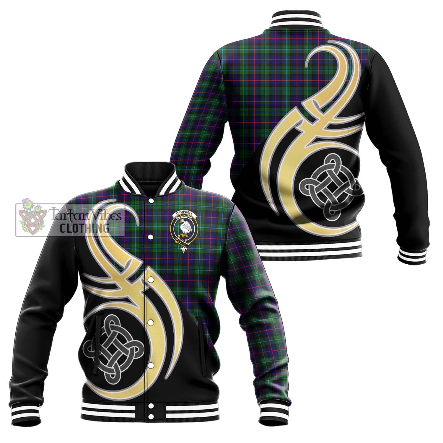 Tartan Vibes Clothing Campbell of Cawdor Modern Tartan Baseball Jacket with Family Crest and Celtic Symbol Style