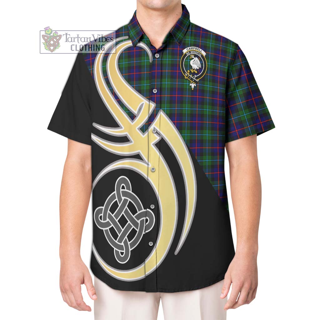 Tartan Vibes Clothing Campbell of Cawdor Modern Tartan Short Sleeve Button Shirt with Family Crest and Celtic Symbol Style