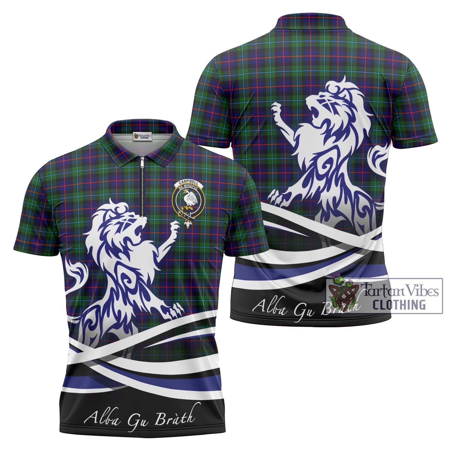 Tartan Vibes Clothing Campbell of Cawdor Modern Tartan Zipper Polo Shirt with Alba Gu Brath Regal Lion Emblem