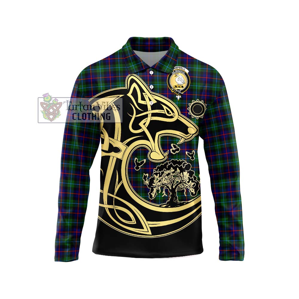 Tartan Vibes Clothing Campbell of Cawdor Modern Tartan Long Sleeve Polo Shirt with Family Crest Celtic Wolf Style