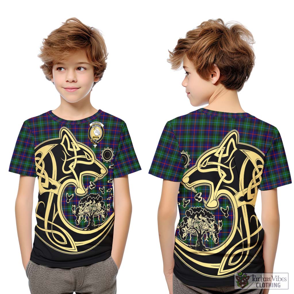 Tartan Vibes Clothing Campbell of Cawdor Modern Tartan Kid T-Shirt with Family Crest Celtic Wolf Style