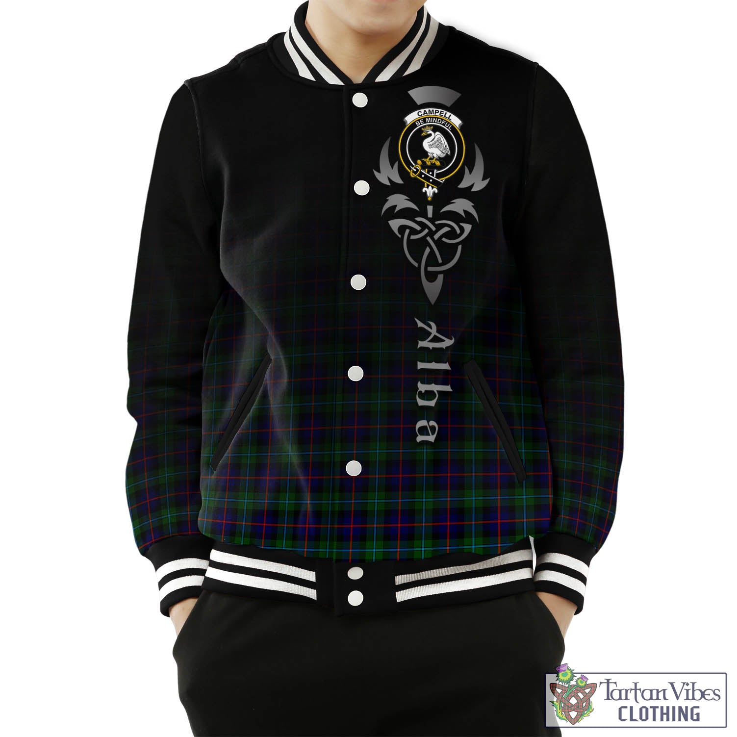 Tartan Vibes Clothing Campbell of Cawdor Modern Tartan Baseball Jacket Featuring Alba Gu Brath Family Crest Celtic Inspired