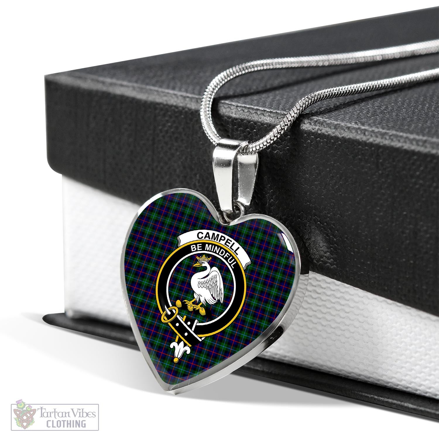 Tartan Vibes Clothing Campbell of Cawdor Modern Tartan Heart Necklace with Family Crest