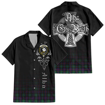 Campbell of Cawdor Modern Tartan Short Sleeve Button Up Shirt Featuring Alba Gu Brath Family Crest Celtic Inspired