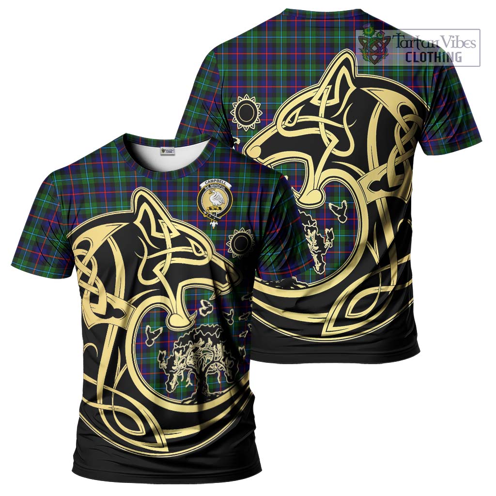 Tartan Vibes Clothing Campbell of Cawdor Modern Tartan T-Shirt with Family Crest Celtic Wolf Style