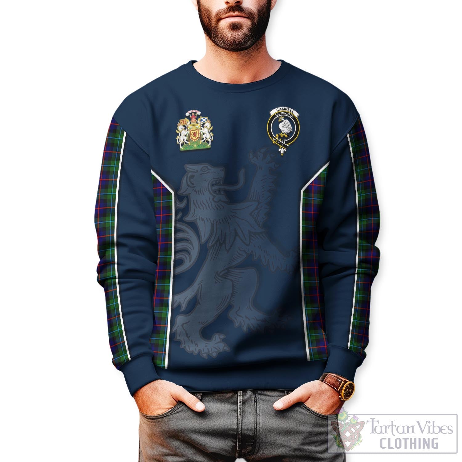 Tartan Vibes Clothing Campbell of Cawdor Modern Tartan Sweater with Family Crest and Lion Rampant Vibes Sport Style