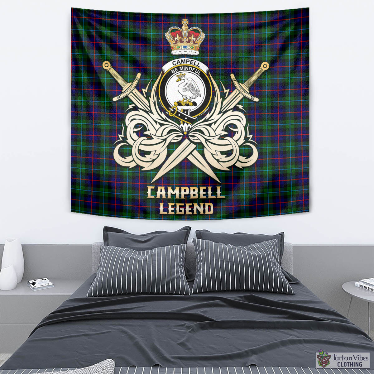 Tartan Vibes Clothing Campbell of Cawdor Modern Tartan Tapestry with Clan Crest and the Golden Sword of Courageous Legacy