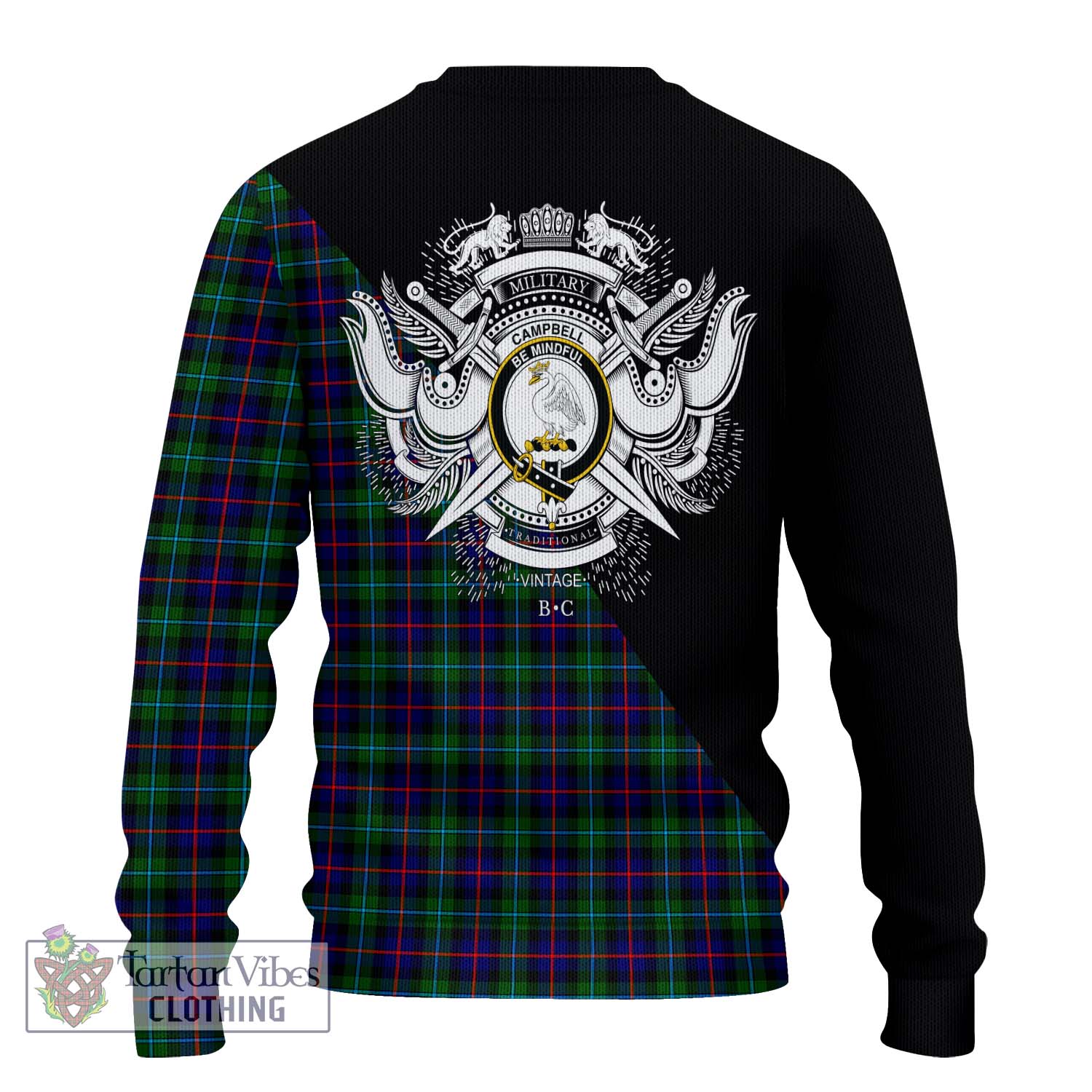 Tartan Vibes Clothing Campbell of Cawdor Modern Tartan Knitted Sweater with Family Crest and Military Logo Style