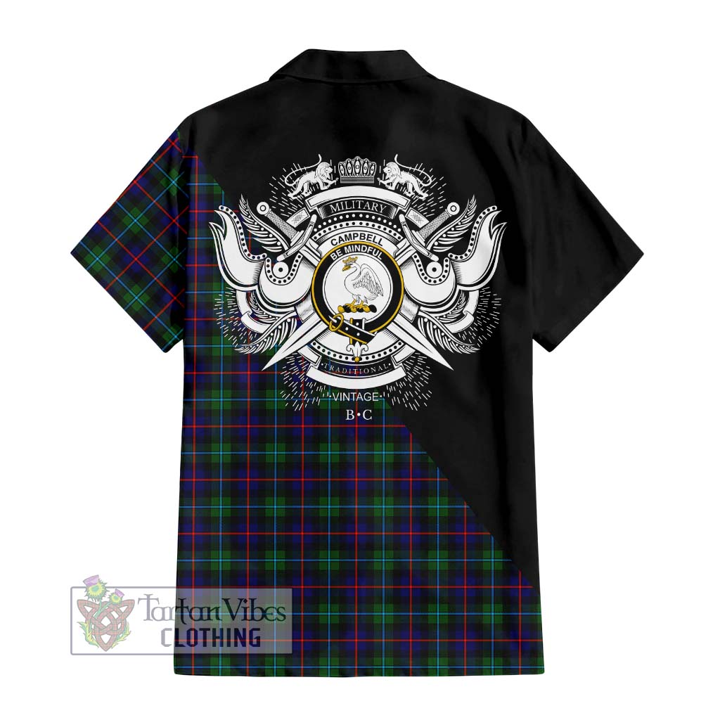 Tartan Vibes Clothing Campbell of Cawdor Modern Tartan Short Sleeve Button Shirt with Family Crest and Military Logo Style