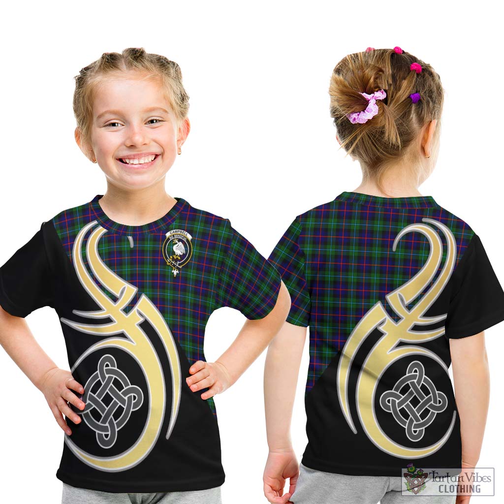 Tartan Vibes Clothing Campbell of Cawdor Modern Tartan Kid T-Shirt with Family Crest and Celtic Symbol Style