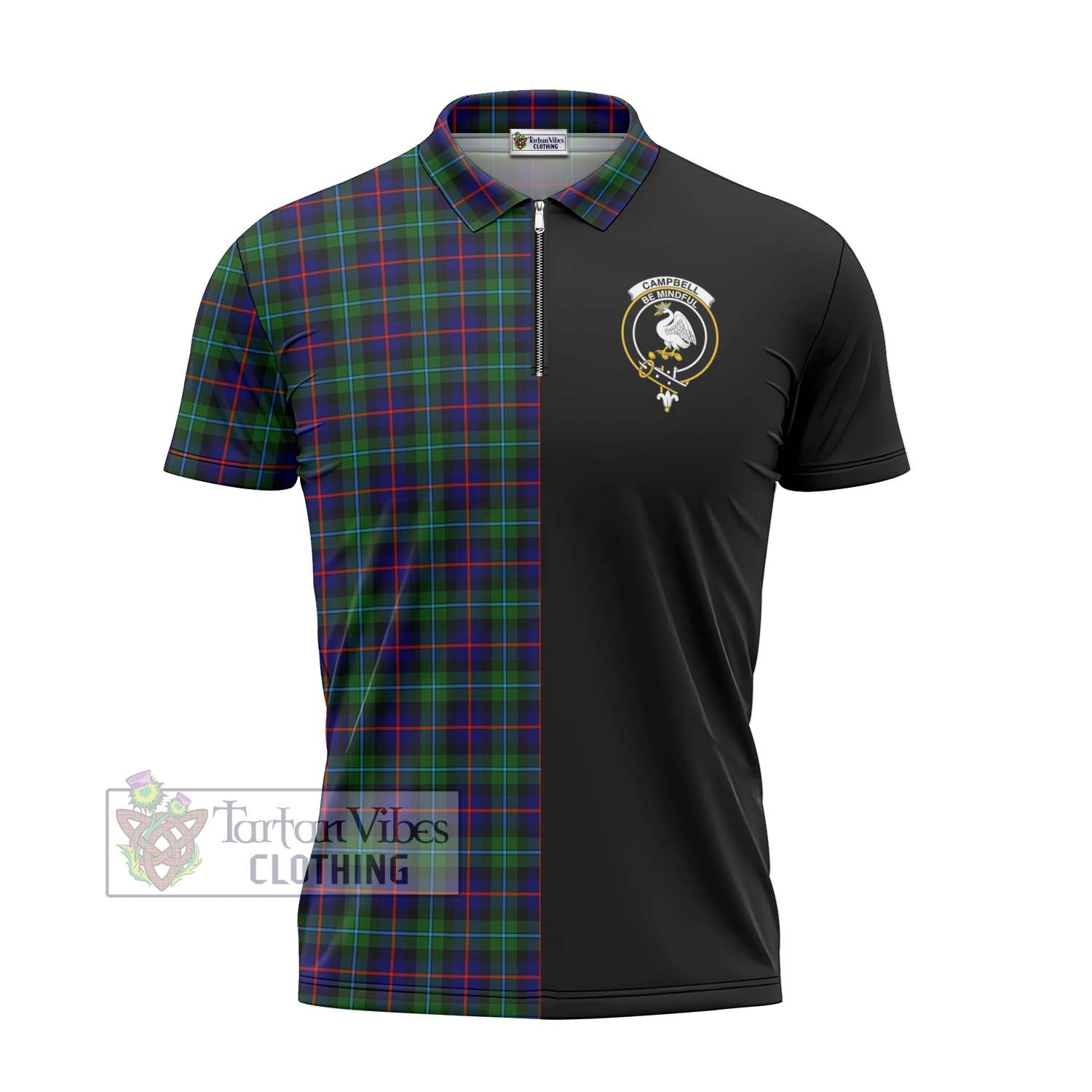 Tartan Vibes Clothing Campbell of Cawdor Modern Tartan Zipper Polo Shirt with Family Crest and Half Of Me Style