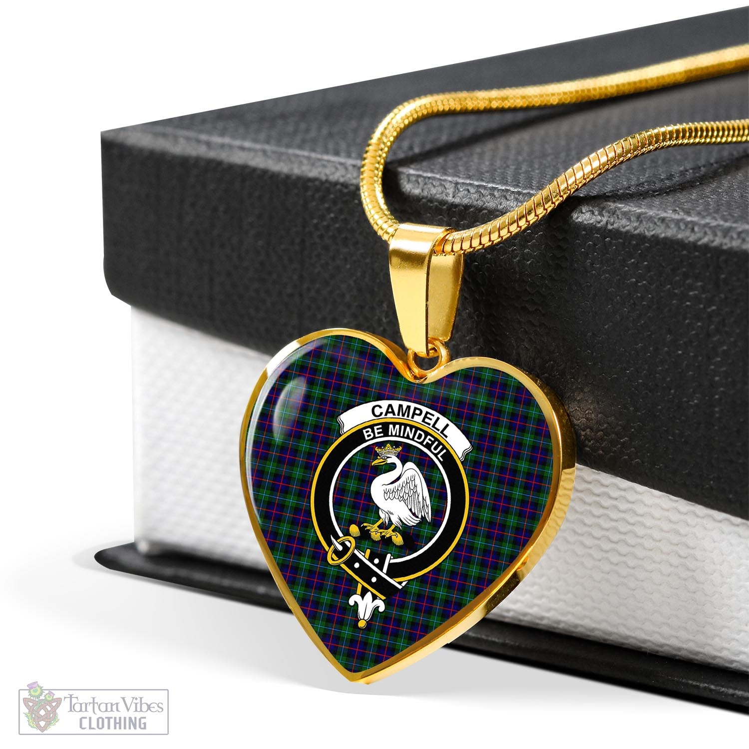 Tartan Vibes Clothing Campbell of Cawdor Modern Tartan Heart Necklace with Family Crest