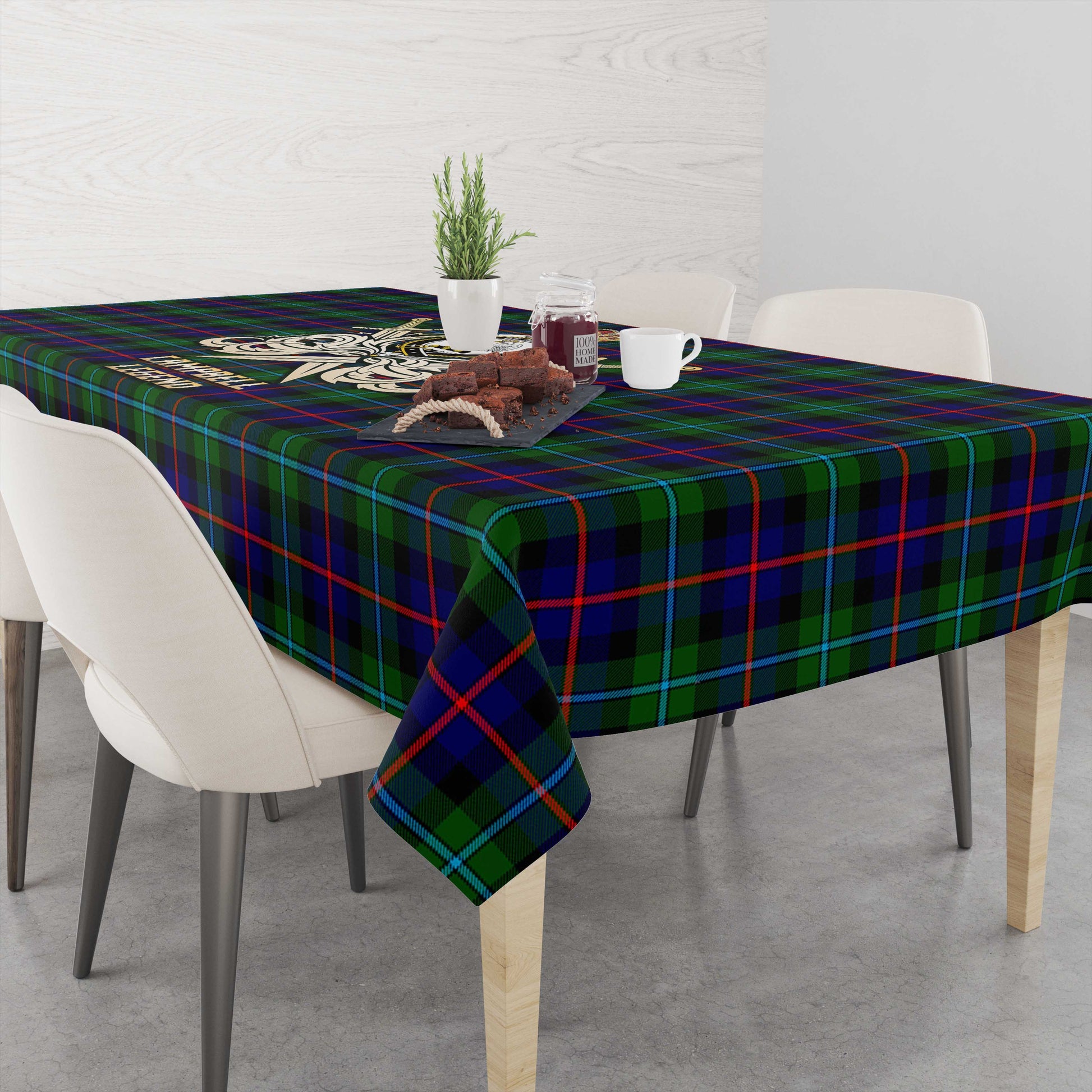 Tartan Vibes Clothing Campbell of Cawdor Modern Tartan Tablecloth with Clan Crest and the Golden Sword of Courageous Legacy