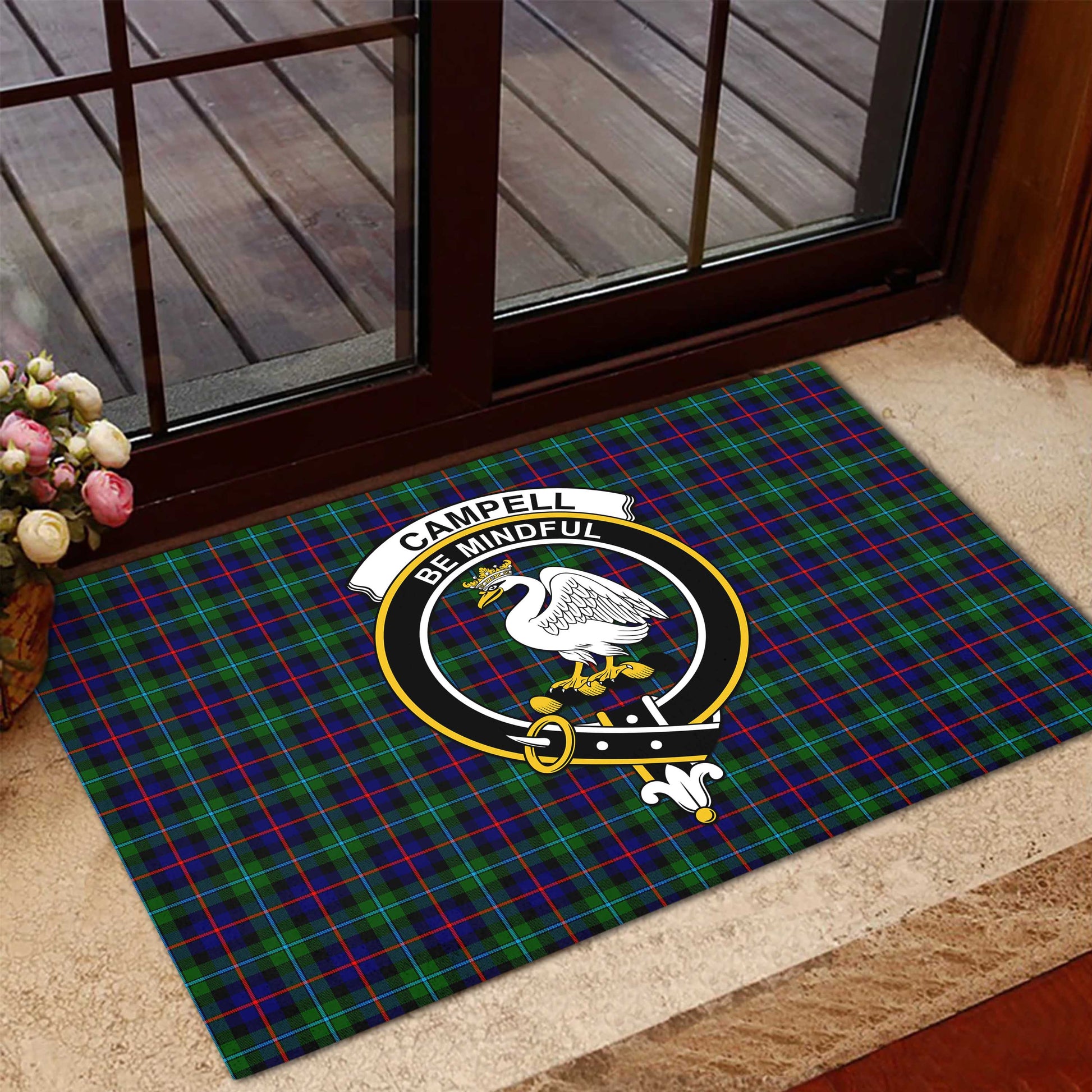 Campbell of Cawdor Modern Tartan Door Mat with Family Crest - Tartanvibesclothing