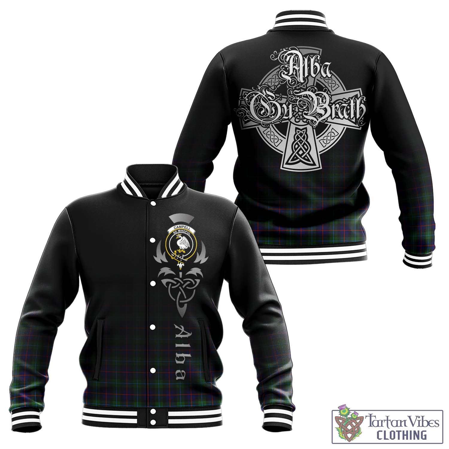 Tartan Vibes Clothing Campbell of Cawdor Modern Tartan Baseball Jacket Featuring Alba Gu Brath Family Crest Celtic Inspired