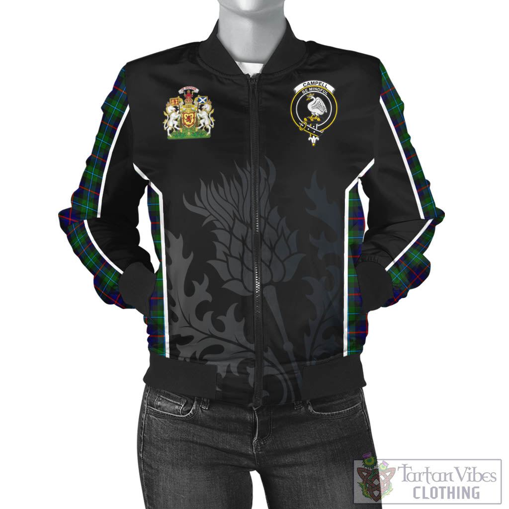 Tartan Vibes Clothing Campbell of Cawdor Modern Tartan Bomber Jacket with Family Crest and Scottish Thistle Vibes Sport Style