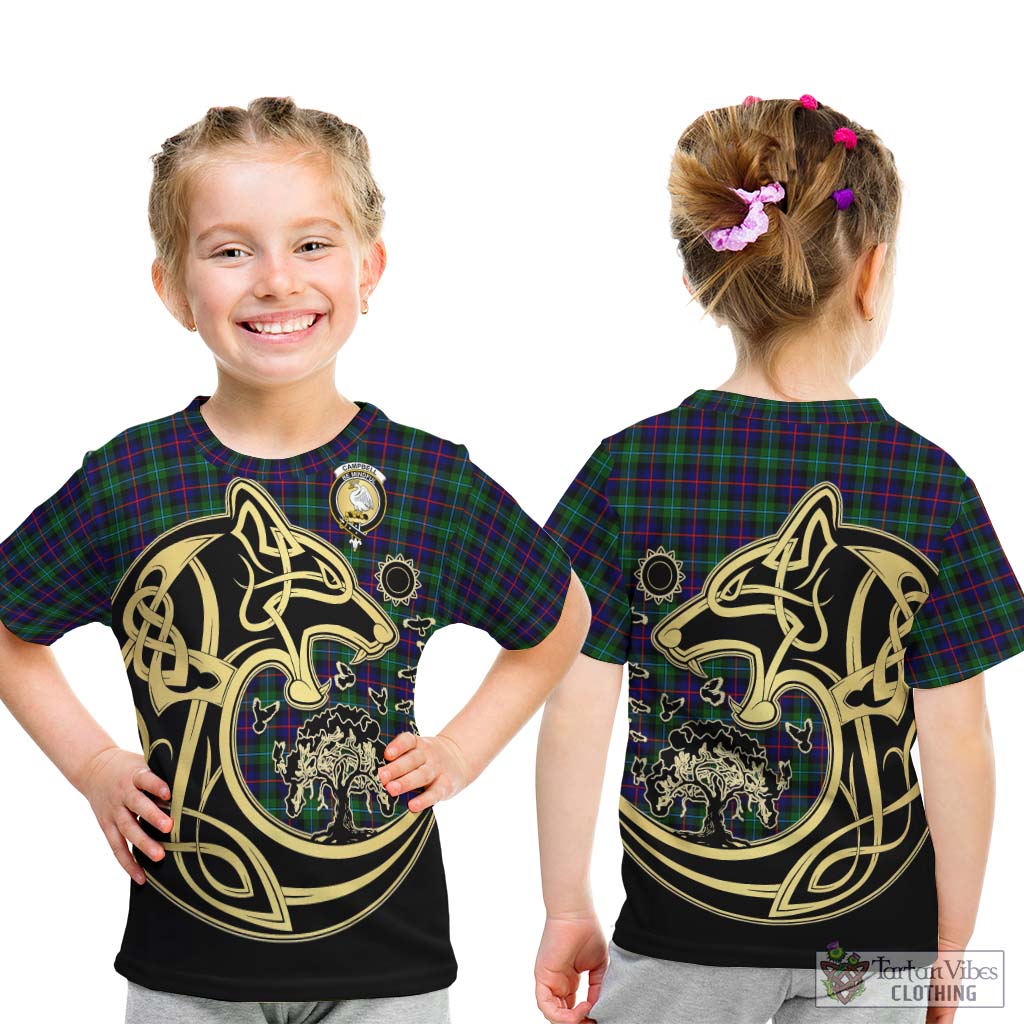 Tartan Vibes Clothing Campbell of Cawdor Modern Tartan Kid T-Shirt with Family Crest Celtic Wolf Style