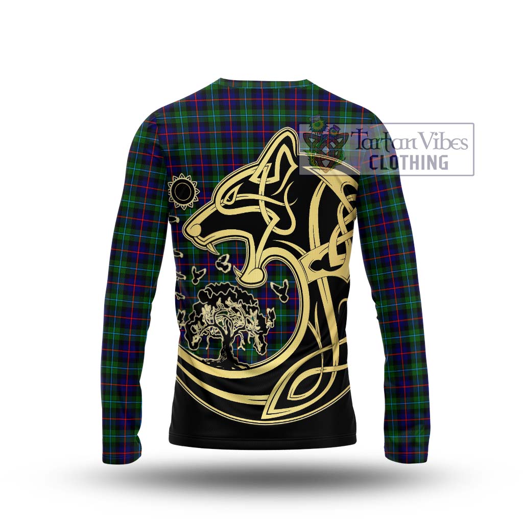 Tartan Vibes Clothing Campbell of Cawdor Modern Tartan Long Sleeve T-Shirt with Family Crest Celtic Wolf Style