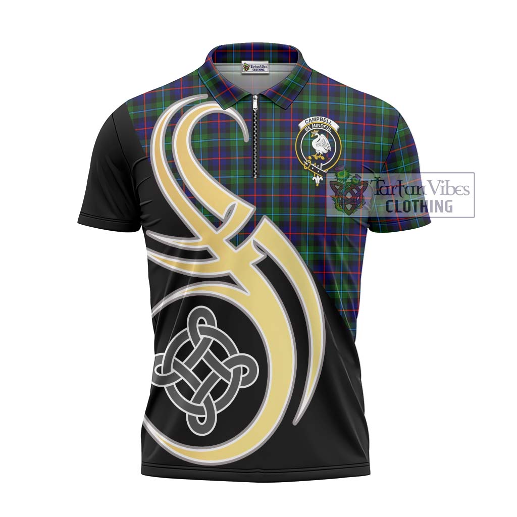 Tartan Vibes Clothing Campbell of Cawdor Modern Tartan Zipper Polo Shirt with Family Crest and Celtic Symbol Style