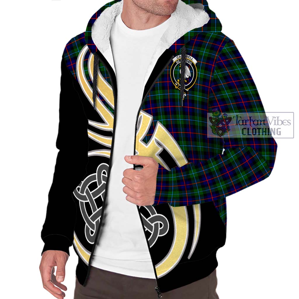 Tartan Vibes Clothing Campbell of Cawdor Modern Tartan Sherpa Hoodie with Family Crest and Celtic Symbol Style